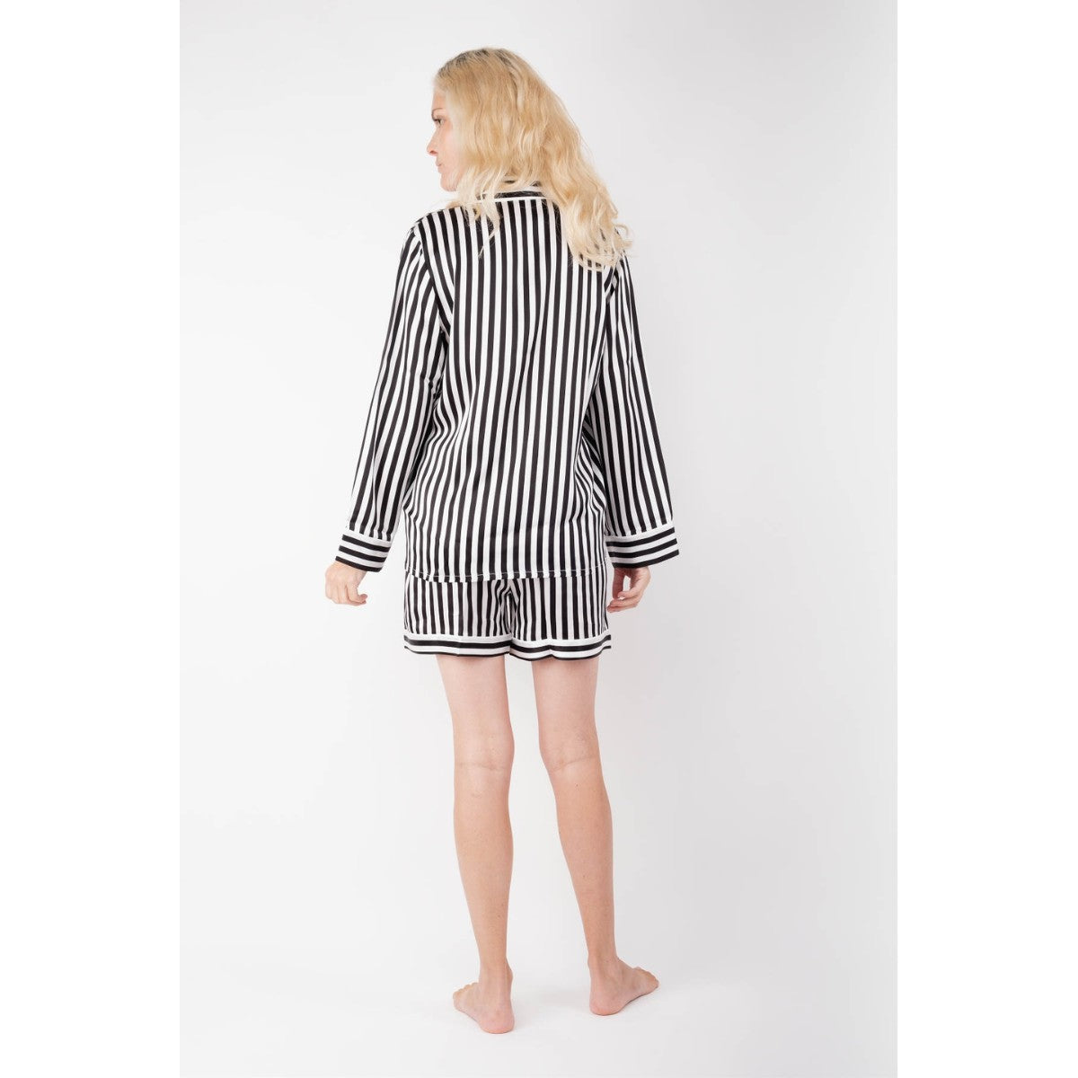 Luxe Striped Silk Pajamas: Long-Sleeve Top & Shorts - Black