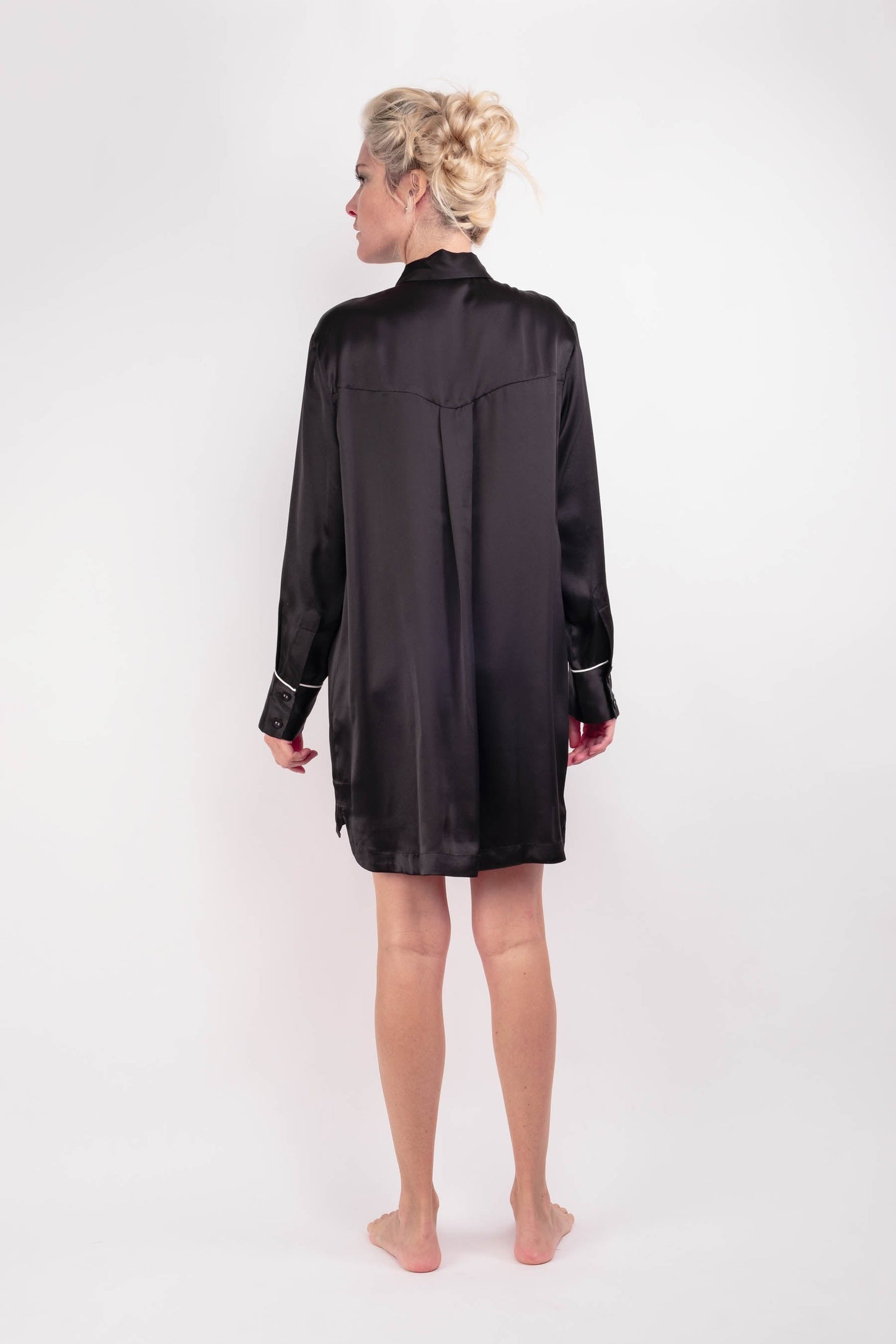 Women Classical Lightweight Mulberry Silk Sleep Shirt Loungewear Sleep Dress - Black