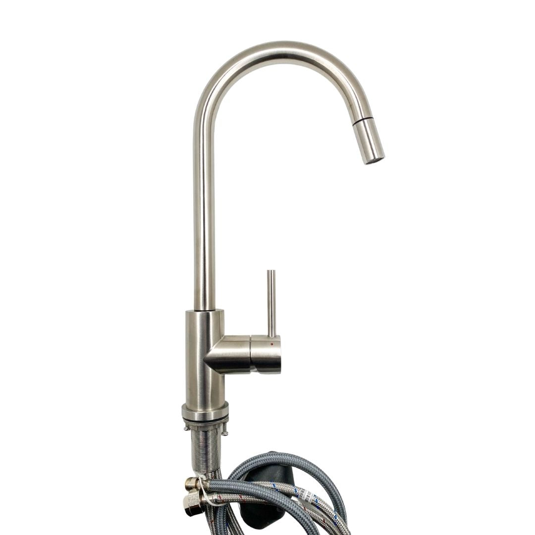 Premium Luxury Gooseneck Kitchen Pull Out Commercial Mixer Single Handle 360 Degree Rotation - Brushed Stainless Steel / Silver