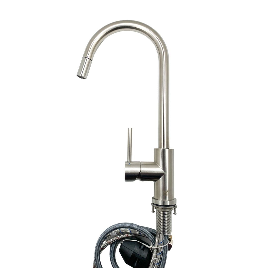 Premium Luxury Gooseneck Kitchen Pull Out Commercial Mixer Single Handle 360 Degree Rotation - Brushed Stainless Steel / Silver