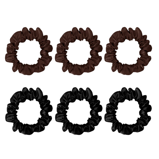 6 Pack Premium Small Mulberry Silk Scrunchies - Black & Chocolate