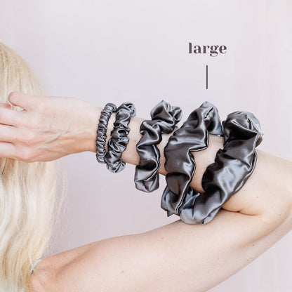 3 Pack Premium Mulberry Silk Scrunchies - Grey - Large - Lovesilk.co.nz