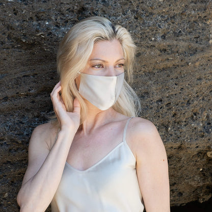 Reusable Silk 3D Face Covering Mask- Double Layer - Adjustable Ear Loops - Champagne - Standard Size - Lovesilk.co.nz