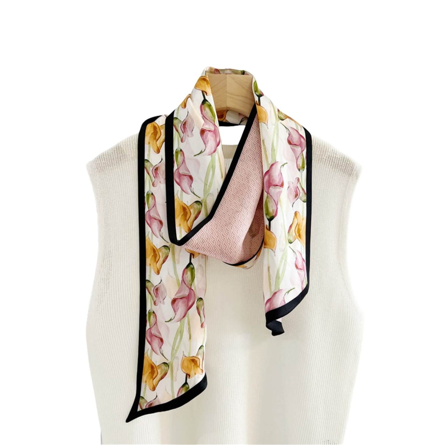 Blushing Calla Lily Pure Mulberry Silk Long Scarf Silk Twilly